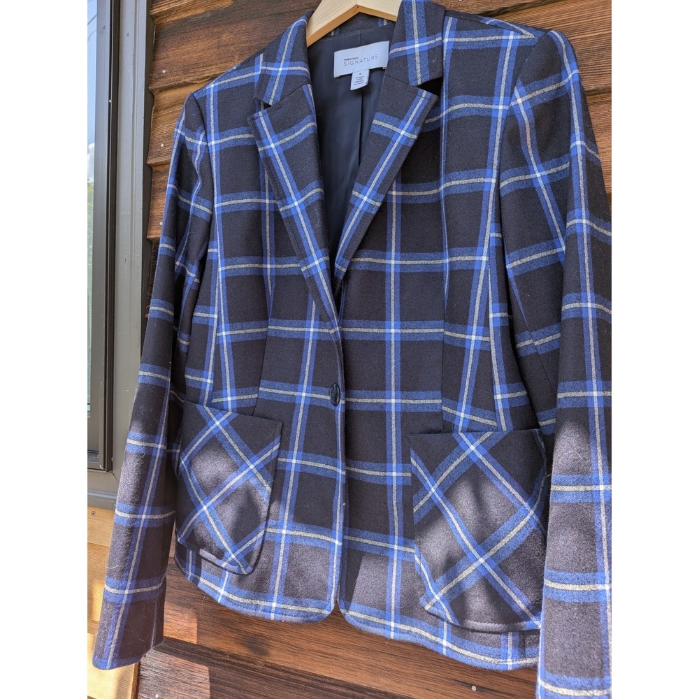 Nordstrom Signature Stretch Wool Blazer Size 10 Navy Blue Plaid Wool
